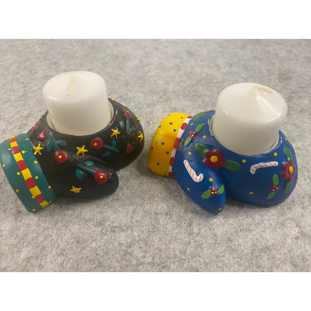Mary Engelbreit Christmas Mitten Candle Holders Set of 2 Ceramic Holiday‎ Decor